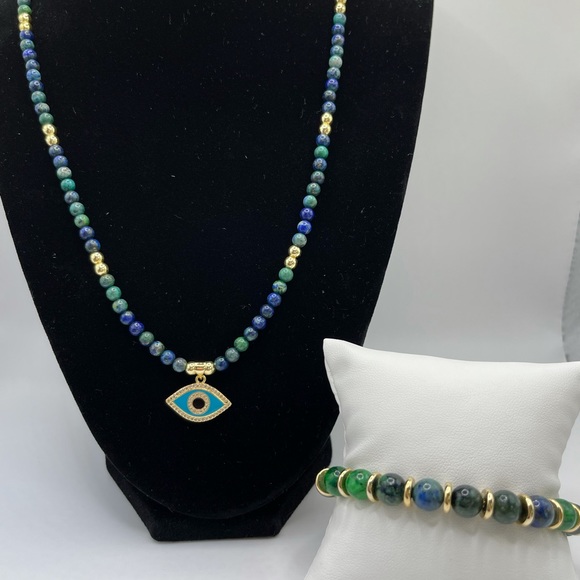 Azurite necklace with evil eye charm. - Picture 6 of 7